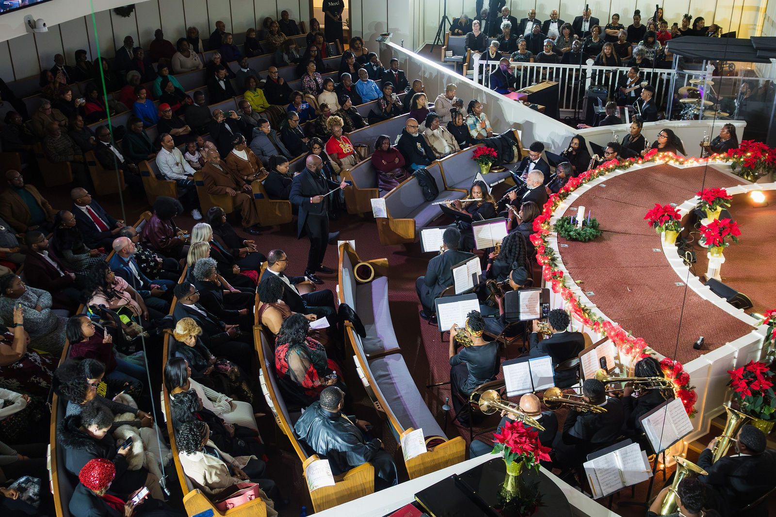 Packed sanctuary and brass section at the First Baptist Church, Capitol Hill Christmas concert