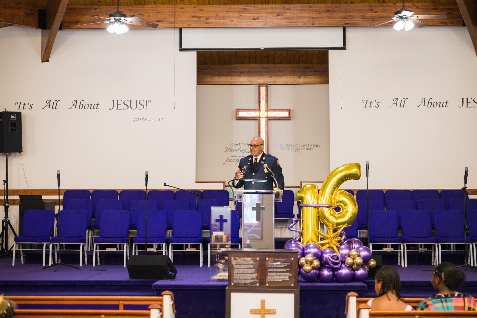 Sanctuary decorated for a 16th pastoral anniversary