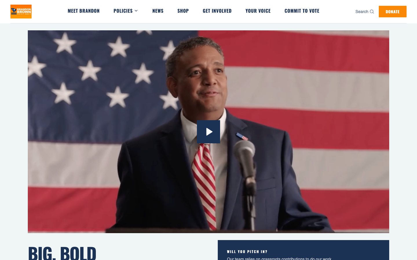 Homepage of brandonpbrown.com, the Brandon Brown for U.S. Senate website built by Leo Operations